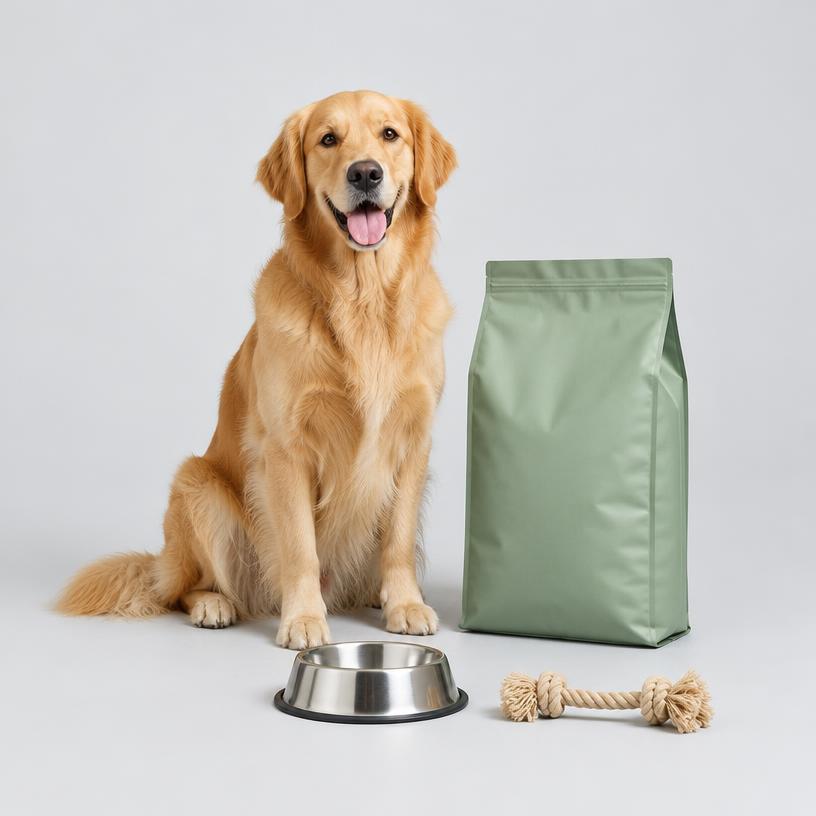 Golden retriever with food, a bowl and a toy